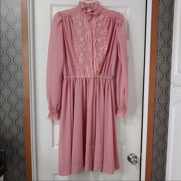 Vintage Dusty Rose Chiffon Lace Ruffle Dress - Picture 1 of 8